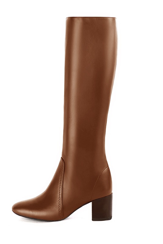 Caramel brown women's feminine knee-high boots. Round toe. Medium block heels. Made to measure. Profile view - Florence KOOIJMAN